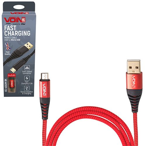 Кабель VOIN USB - Micro USB 3А, 2m, red (быстрая зарядка/передача данных) (CC-4202M RD)