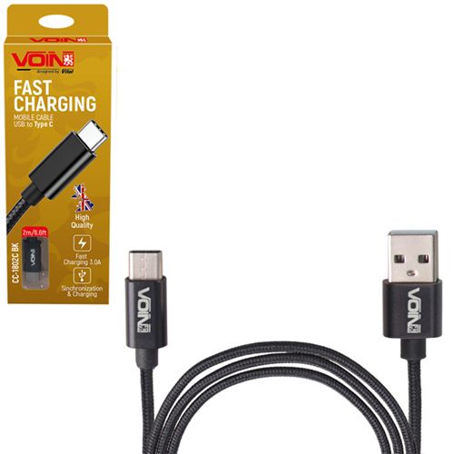 Кабель VOIN USB - Type C 3А, 1m, black (быстрая зарядка/передача данных) (CC-1801C BK)