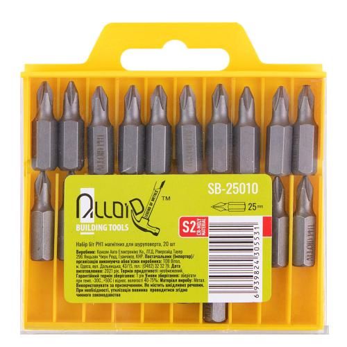 Alloid. Набор бит магнитных для шуруповерта PH1 25мм, S2 (20шт) (SB-25010)