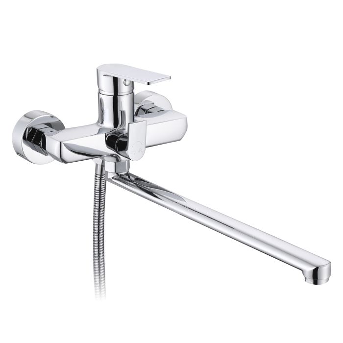Смеситель для ванны Qtap Aries с длинным поворотным изливом (с душевым гарнитуром) QTARI2601CRM45558 Chrome