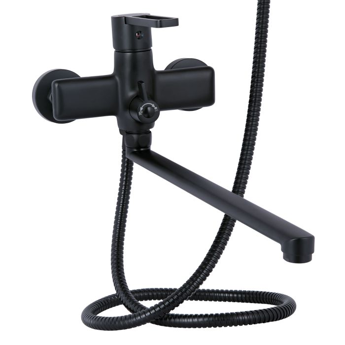 Смеситель для ванны Qtap Taurus с длинным поворотным изливом (с душевым гарнитуром) QTTAU260BLM45664 Black Matt