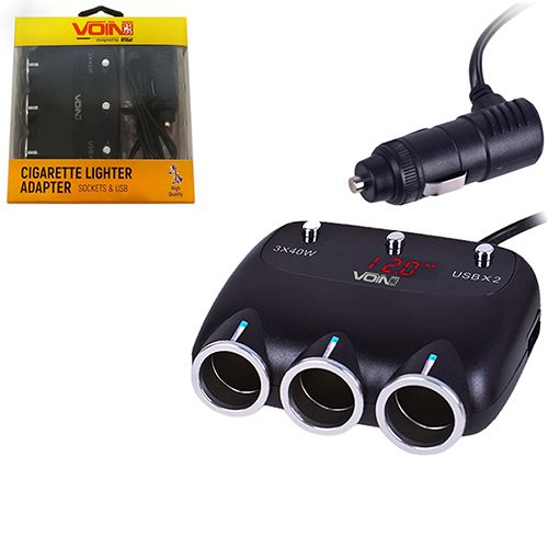 Разветвитель (удлинитель) прикуривателя VOIN 3 выхода + 2USB 2400 mA 12/24V SC-3003 проволока+вольтметр (SC-3003)