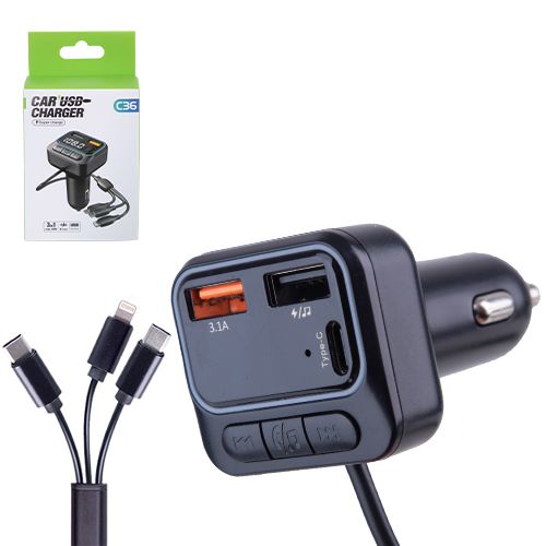Модулятор FM 5в1 C36 12-24v 2USB 5V-3.1A Type C 5V-3.1A 3in1 скачать BT5.0 RGB-ambient light (C36)