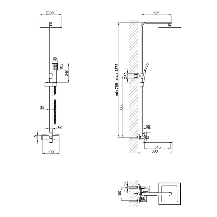 Душевая система универсальная Lidz Kubis 1033 на три потребителя (с изливом) (k35) LDKUB1033NKS46110 Nickel