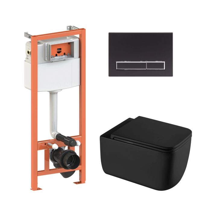 Комплект: Qtap Gemini Ultra Quiet подвесной унитаз QT2533076EUQMB+Nest комплект установки 4в1 (Клавиша линейная Black mat) QT0133M425+QT0111M08V1091MB