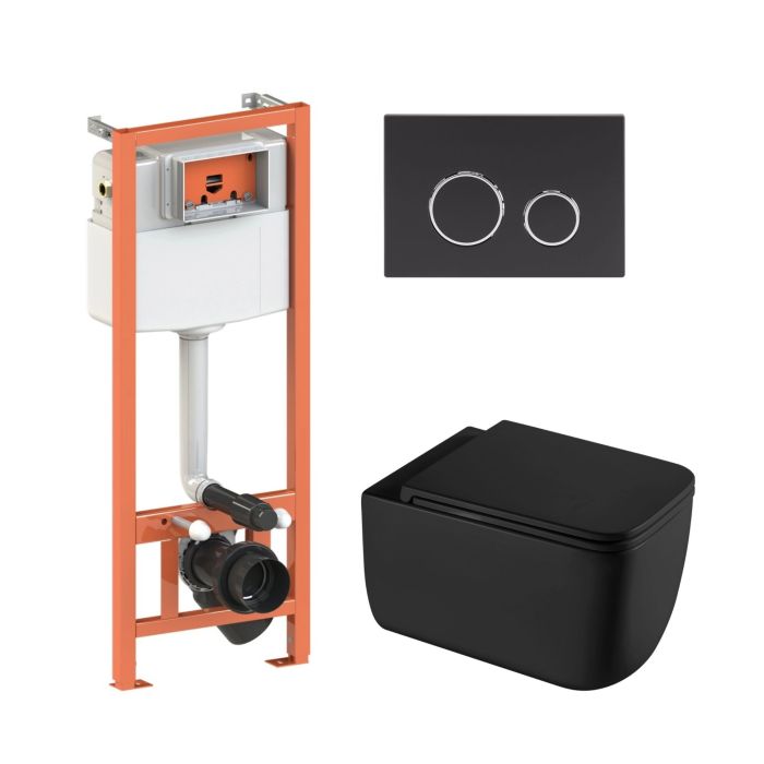 Комплект: Qtap Gemini Ultra Quiet подвесной унитаз QT2533076EUQMB+Nest комплект установки 4в1 (Клавиша круглая Black mat) QT0133M425+QT0111M11V1146MB