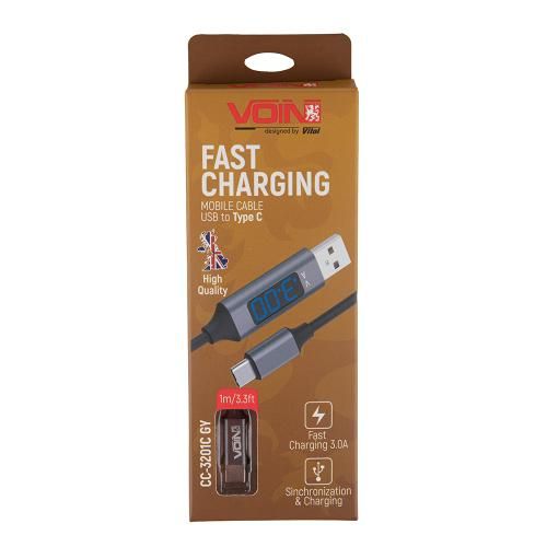 Кабель VOIN CC-3201C GY, USB-Type C 3А, 1m, grey с дисплеем (CC-3201C GY)