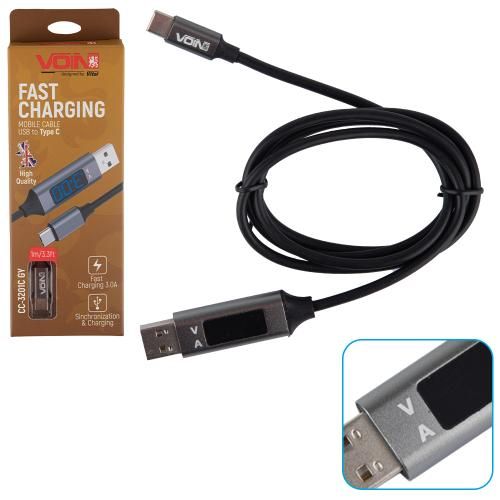 Кабель VOIN CC-3201C GY, USB-Type C 3А, 1m, grey с дисплеем (CC-3201C GY)