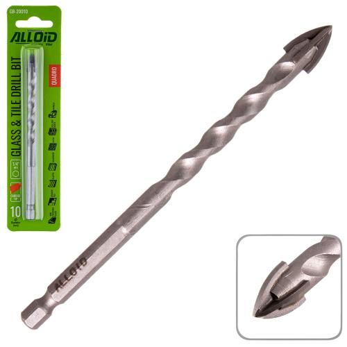 Сверло по стеклу и керамике QUADRO 10мм, хвостовик HEX 1/4" Alloid, L=120mm (GB-20010)