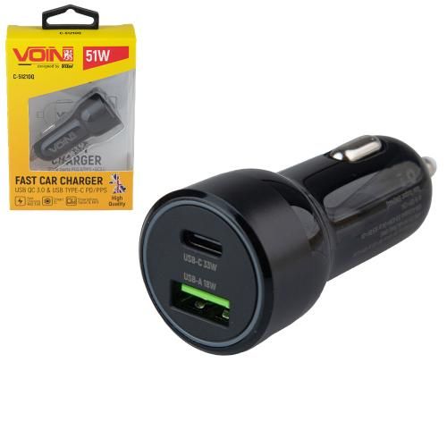 Автомобильное зарядное устройство для VOIN 51W, 1USB QC3.0 18W + 1PD 33W, 12/24V (C-51210Q)
