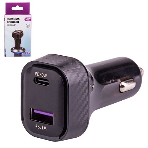 Автомобильное зарядное устройство для K27 12-24v USB 5V-3.1A Type C 5V-3.1A + вольтметр