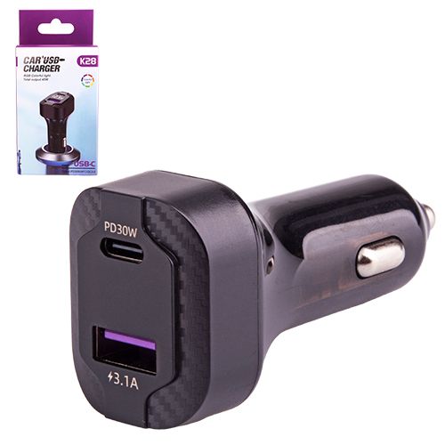 Автомобильное зарядное устройство для K28 12-24v USB 5V-3.1A Type C 5V-3.1A + вольтметр