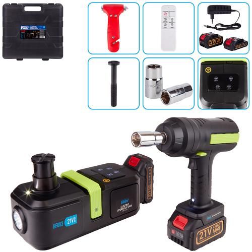 Набір 2 в 1 домкрат електрогідравлічний 2т, 155-450мм + гайковерт 420Nm з 2-ма акумуляторами 21В