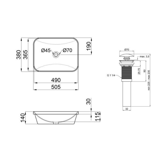 Комплект Qtap Scorpio: Врезная раковина прямоугольная 500х380х145 мм White + Донный клапан PU02