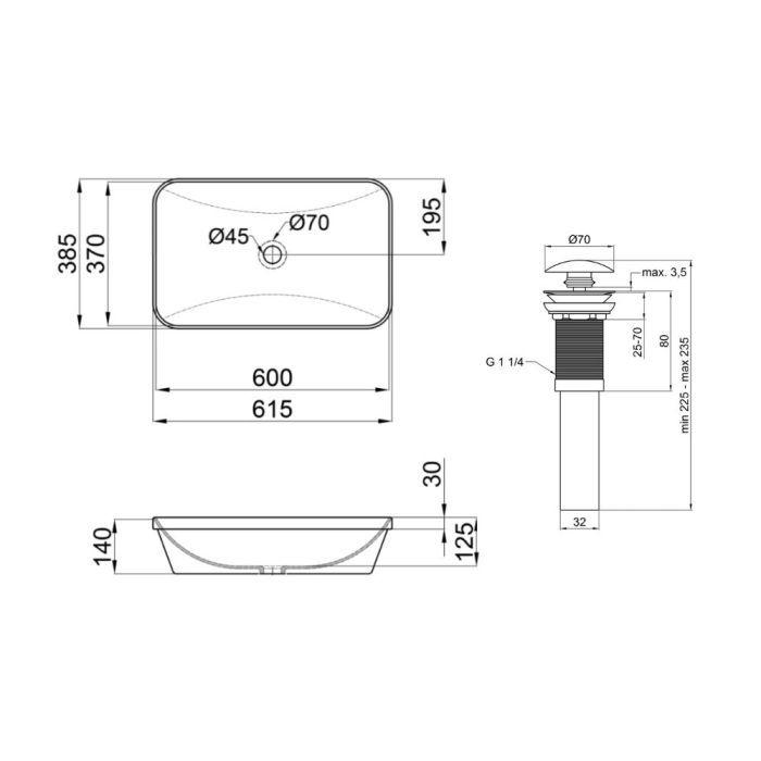Комплект Qtap Scorpio: Врезная раковина прямоугольная 610х380х150 мм White + Донный клапан PU02