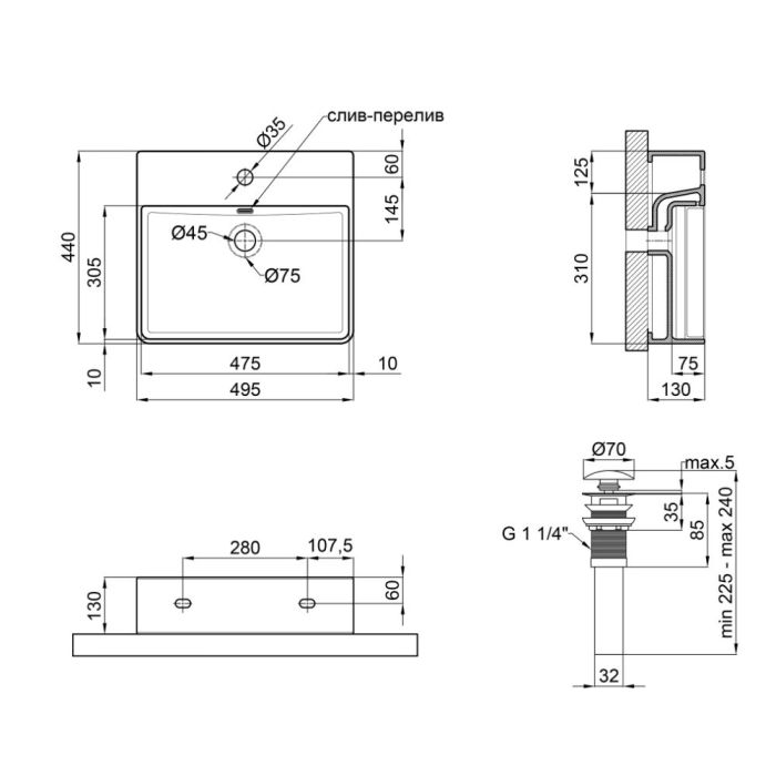 Комплект Qtap Nando LT: Раковина подвесная прямоугольная 500х420х120 мм Matt Black + Донный клапан PU03O