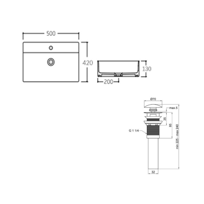 Комплект Qtap Nando LT: Раковина подвесная прямоугольная 500х420х120 мм White + Донный клапан PU02O