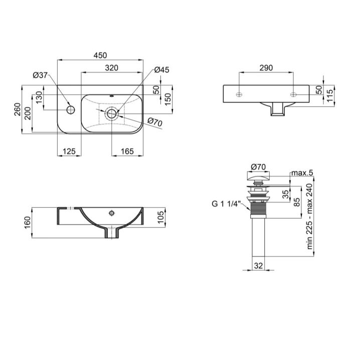 Комплект Qtap Tern: Раковина подвесная прямоугольная левая 450х260х155 мм White + Донный клапан PU02O