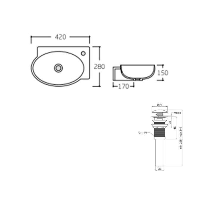 Комплект Qtap Leo: Раковина подвесная овальная левая 430x290x140 мм White + Донный клапан PU02O