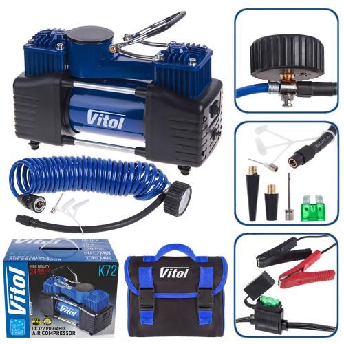 Компрессор "ViTOL" К-72 150psi/25Amp /90л/2 цилиндра/шланг 5,0м/клеммы (К-72)