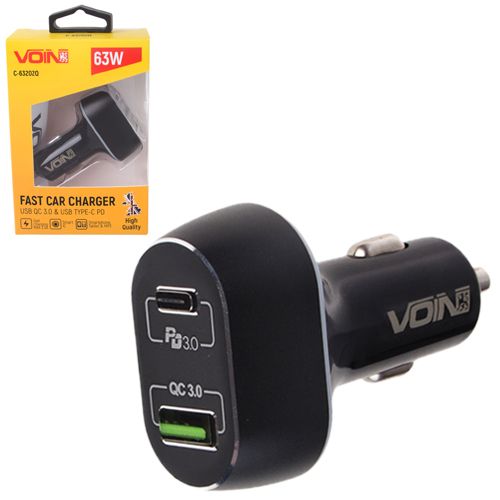 Автомобільний зарядний пристрій VOIN 63W, 1USB QC3.0 18W + 1PD 45W, 12/24V