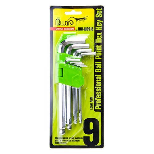 Набор шестигранных ключей с шаром , изогнутых удлиненных . 9 пр. 1,5-10 мм Alloid (НШ-Ш0918)